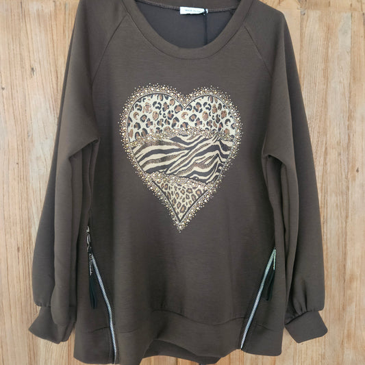 Trui glitter hart chocoladebruin